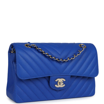 Chanel Small Classic Double Flap Blue Chevron Caviar Light Gold Hardware