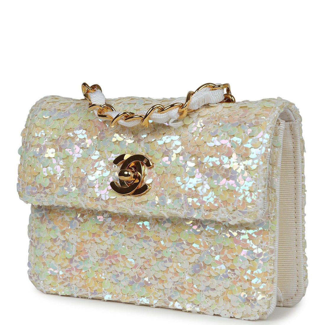 New Chanel Micro Half Flap Iridescent Ivory Sequin Gold Hardware