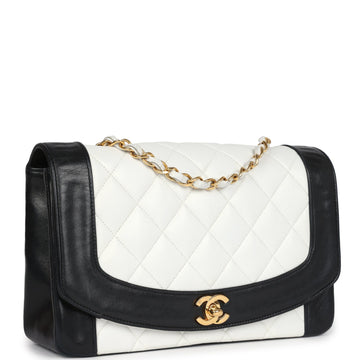 New Chanel Medium Diana Flap Bag White and Black Lambskin Gold Hardware