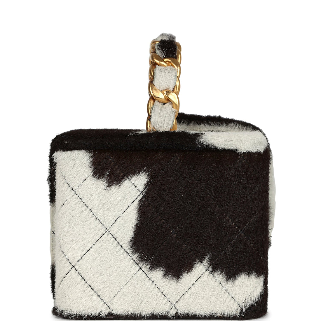 New Chanel Square Vanity Box Brown and White Cow Print Pony Hair Antique Gold Hardware