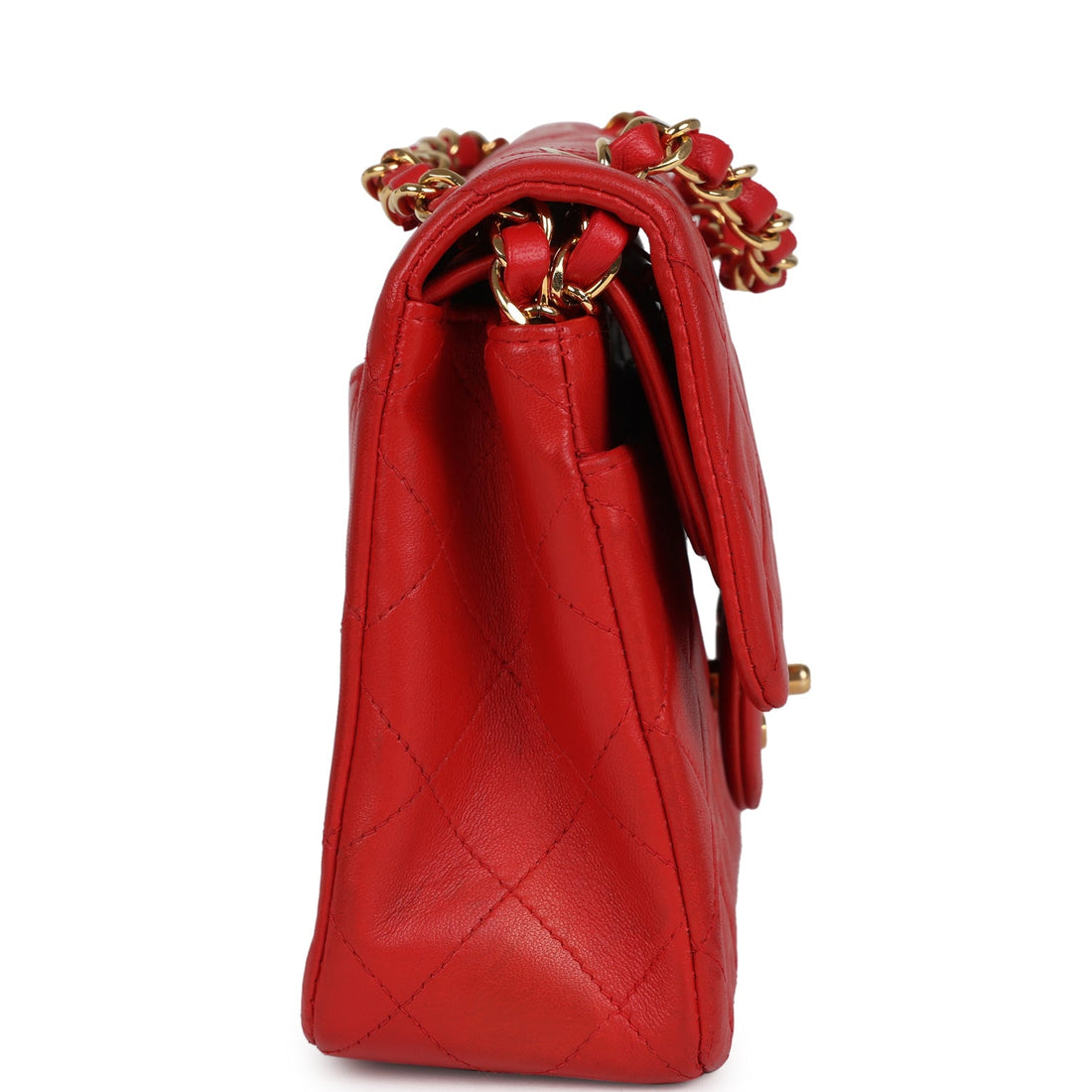 Vintage Chanel Small Classic Double Flap Bag Red Lambskin Gold Hardware
