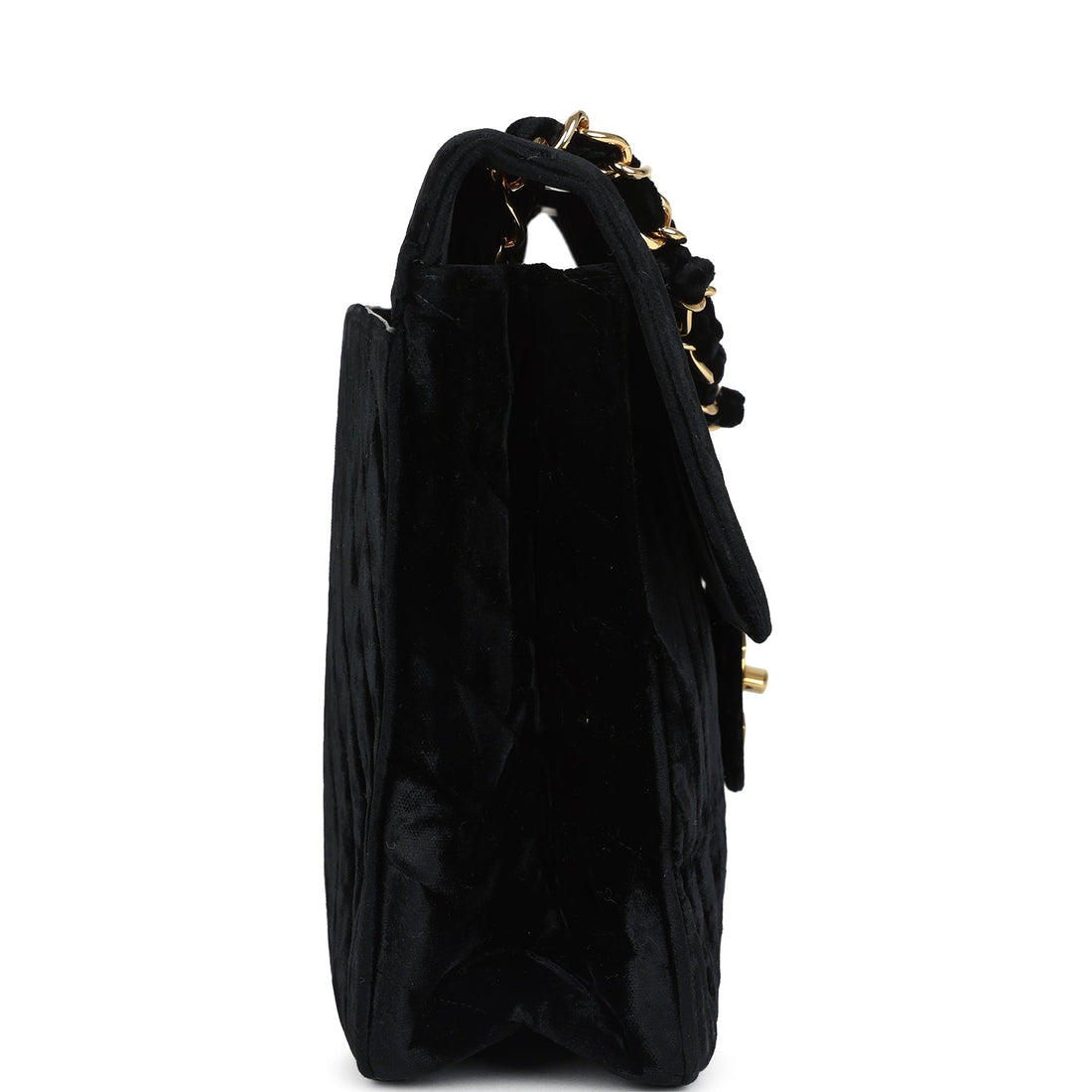 Vintage Chanel XL Chevron Single Flap Bag Black Velvet Gold Hardware