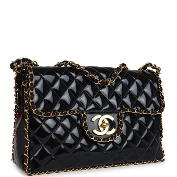 New Chanel Maxi Chain Around Single Flap Bag Black Patent Gold Hardware