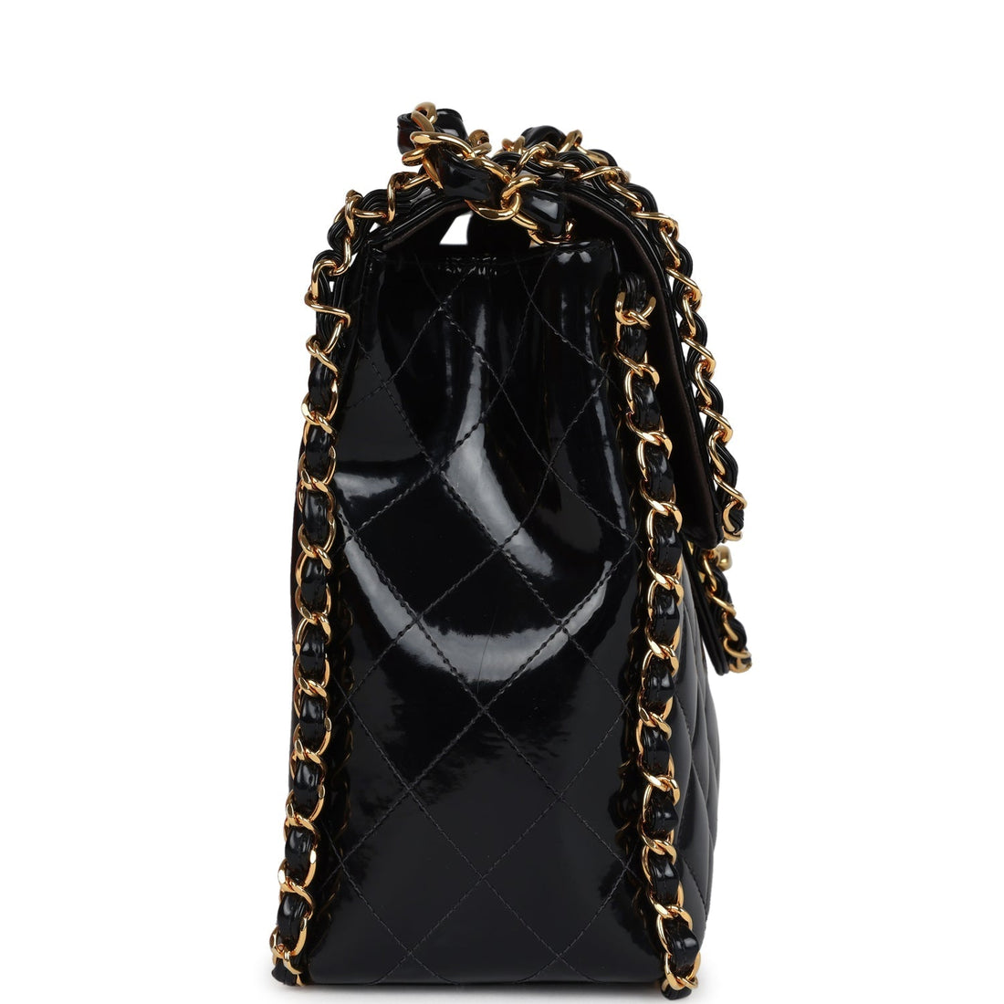 Vintage Chanel Maxi Chain Around Single Flap Bag Black Patent Gold Hardware
