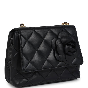 New Chanel Mini Camellia Flap Bag Black Lambskin Gold Hardware