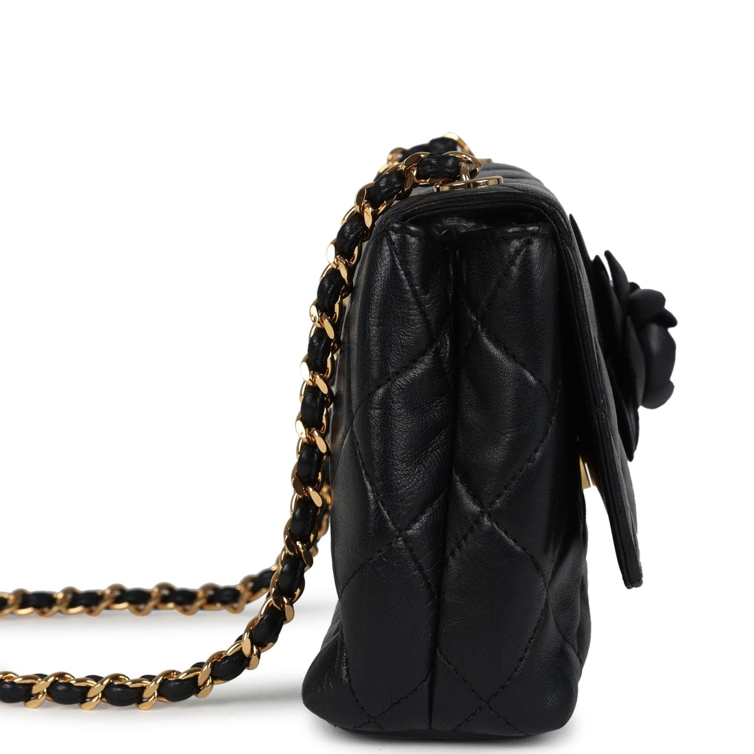 New Chanel Mini Camellia Flap Bag Black Lambskin Gold Hardware