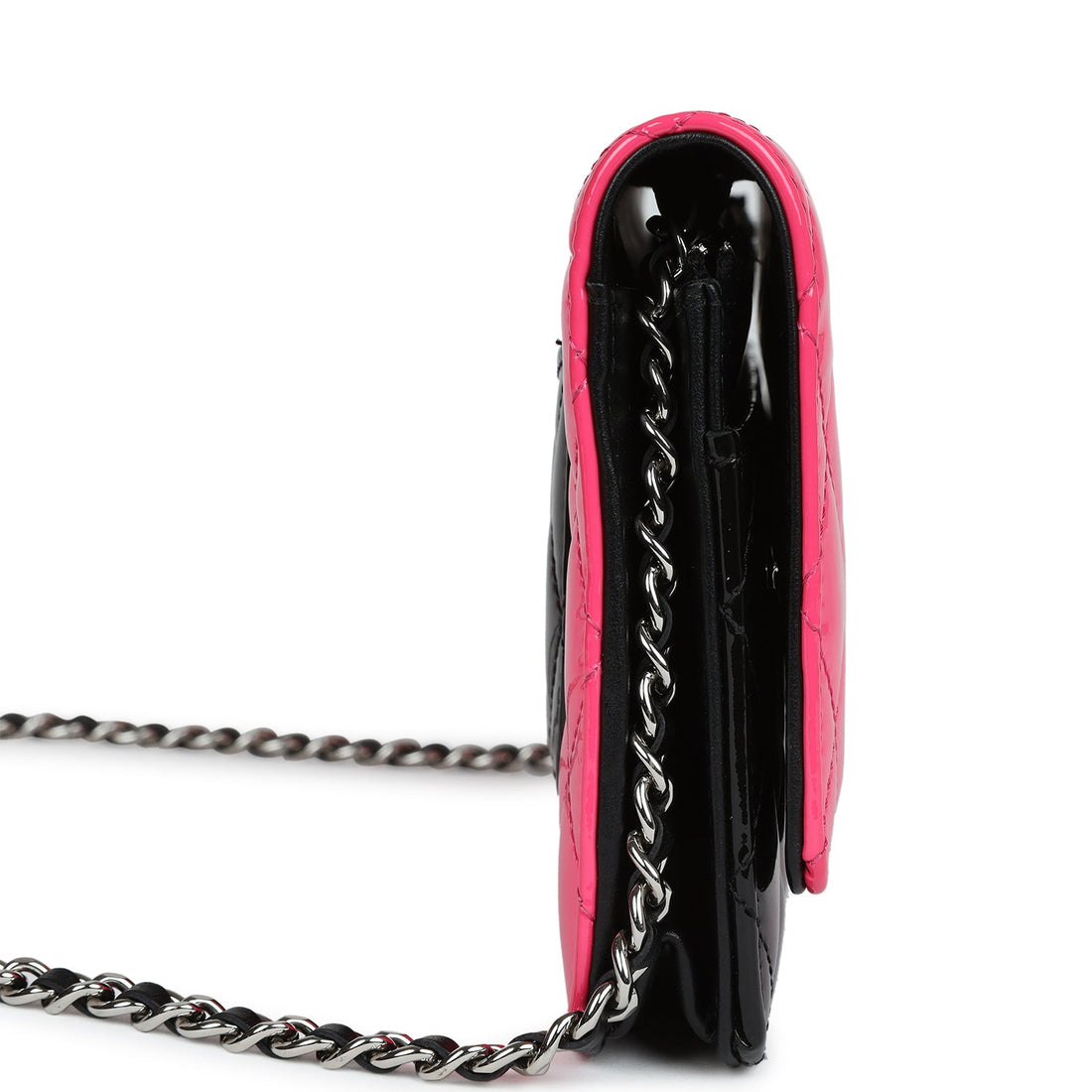 New Chanel Classic Wallet On Chain WOC Pink & Black Patent Leather Silver Hardware