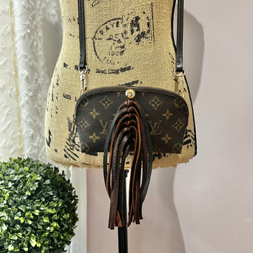 The Junco Crossbody Bag -CS Monogram in Dark Brown Fringe