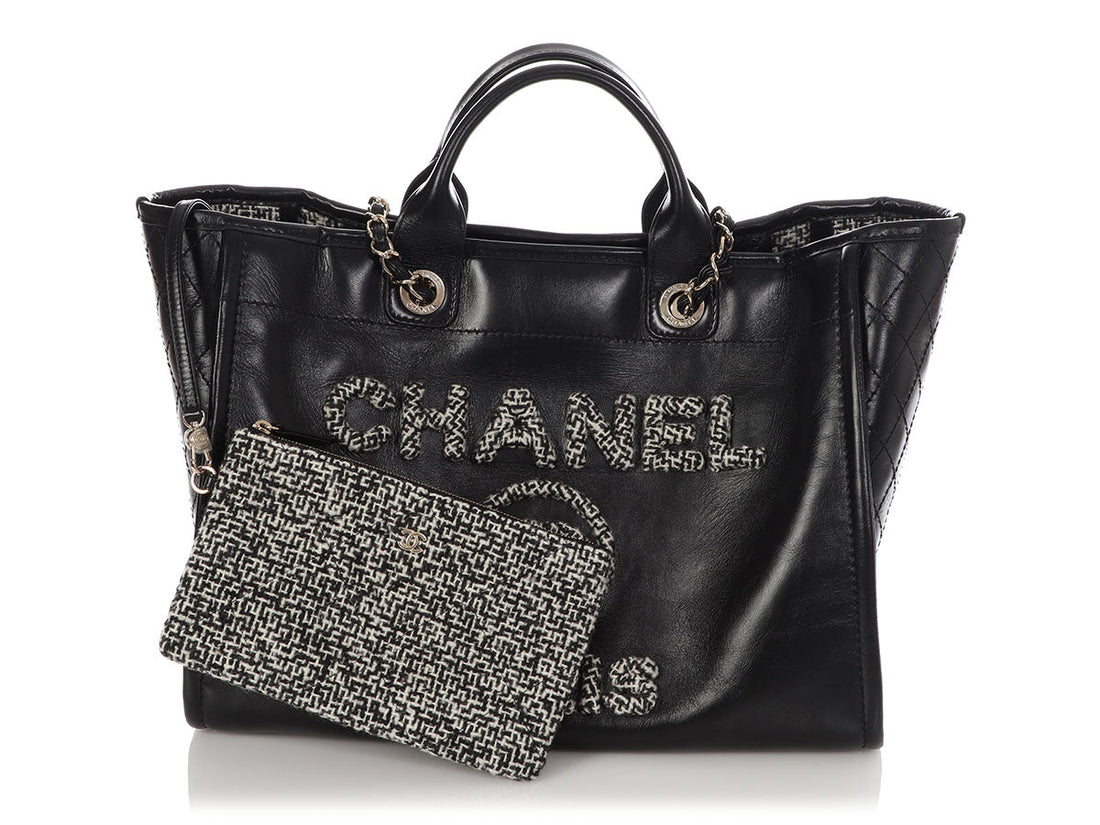 Chanel Large Black Leather Calfskin and Tweed Deauville Tote