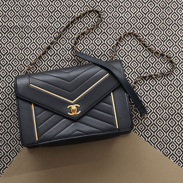 Chanel Navy Calfskin Reversed Chevron Envelope Flap Bag