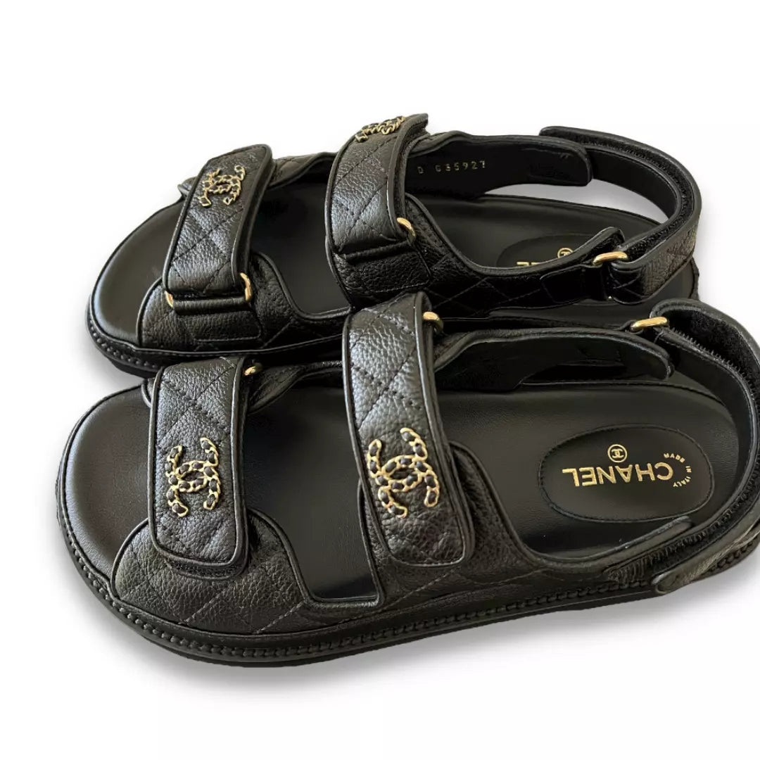 CHANEL BLACK LEATHER DAD SANDALS