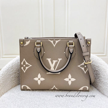 LV Onthego PM in Tourterelle (Grey) / Creme Giant Monogram Empreinte Leather and GHW