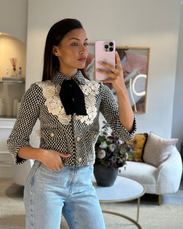 Gucci Black and White Tweed Jacket with Lace Detail and VS Buttons Size IT 36 (UK 4)