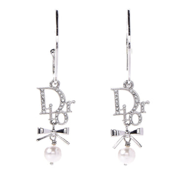 Christian Dior Crystal Pearl Logo Earrings Silver