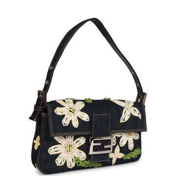 Fendi Baguette Bag Embroidered Denim Silver Hardware