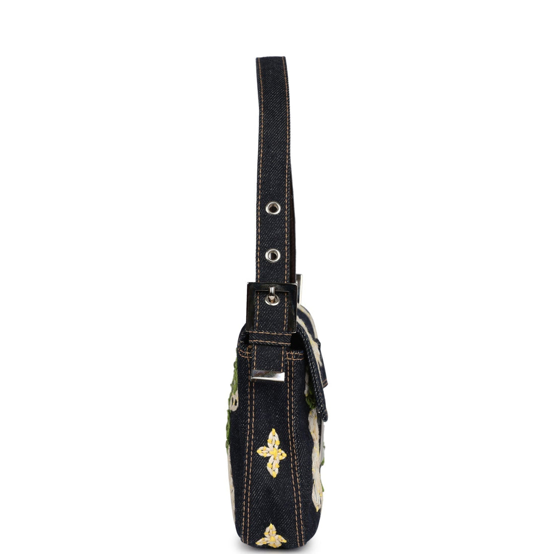 Fendi Baguette Bag Embroidered Denim Silver Hardware