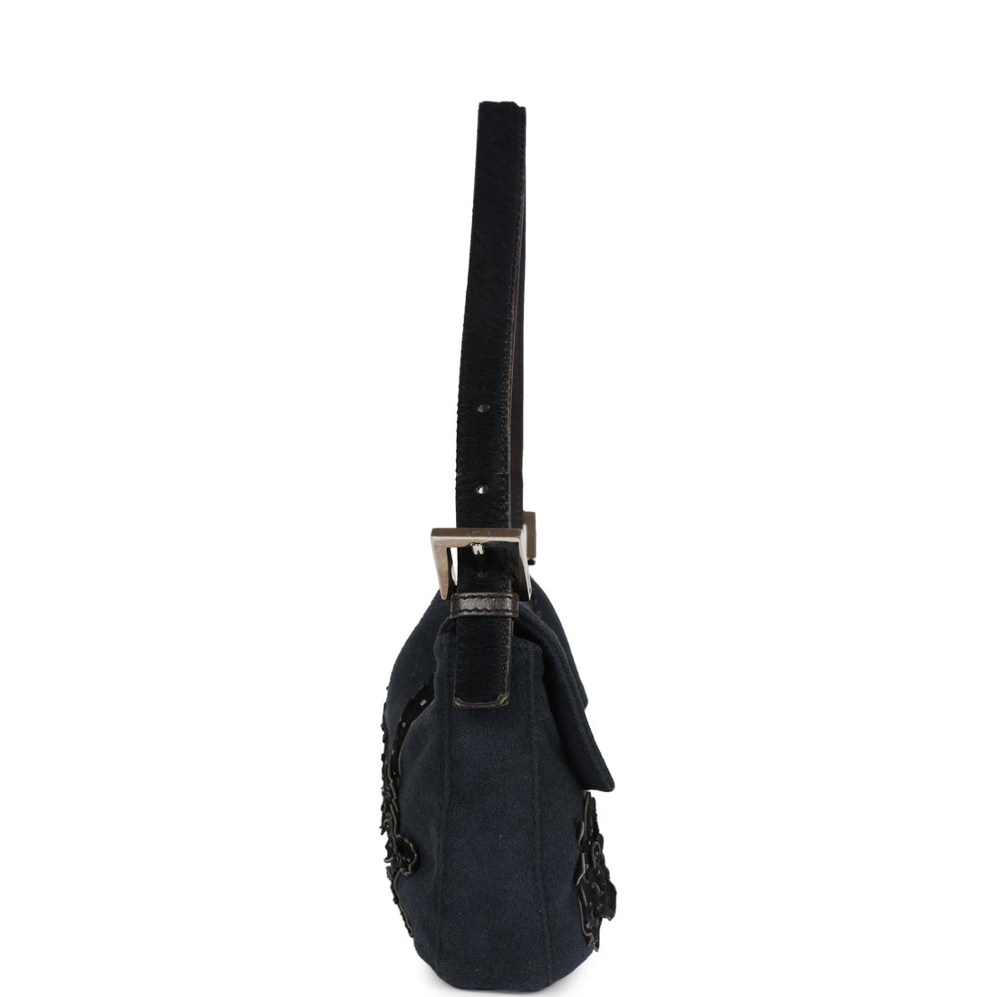 Fendi Baguette Bag Floral Applique Grey and Black Wool and Ponyhair Silver Hardware