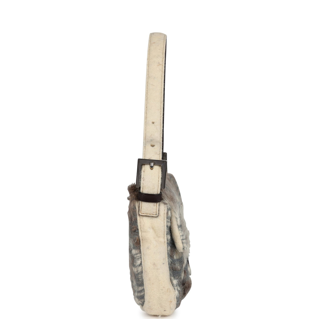 Fendi Baguette Bag Ivory Felt and Grey Rabbit Fur Silver Hardware