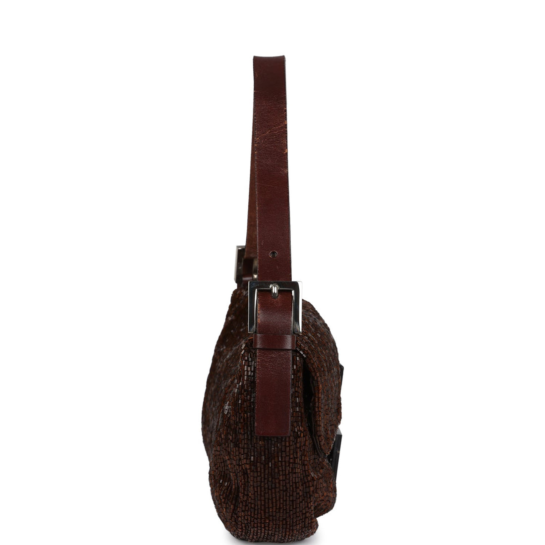 Fendi Baguette Bag Brown Beaded Satin Silver Hardware