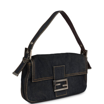 Fendi Baguette Bag Dark Blue Denim Silver Hardware