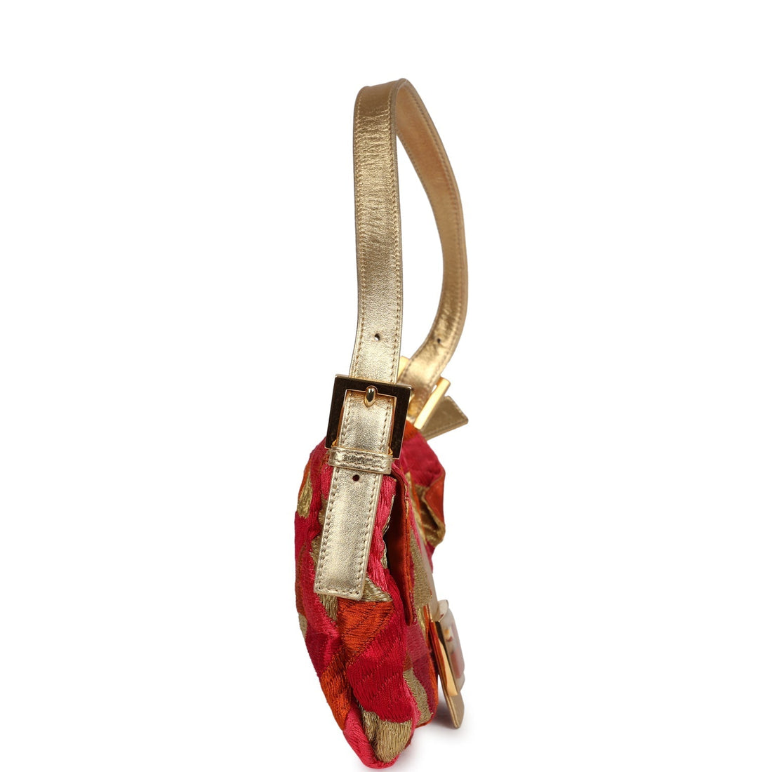 Fendi Patchwork Baguette Bag Gold, Pink, Orange and Red Embroidered Silk Gold Hardware