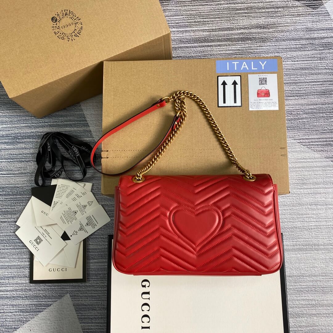 ?443496 VS Marmont medium matelassé shoulder bag RED leather gold hardware
