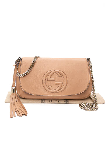 GUCCI Camelia Pebbled Calfskin Medium Soho Flap Crossbody Bag