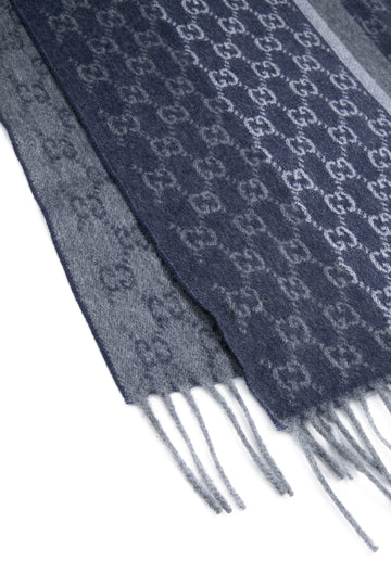 GUCCI Navy Grey Cashmere Wool GG Fringe Scarf (New)