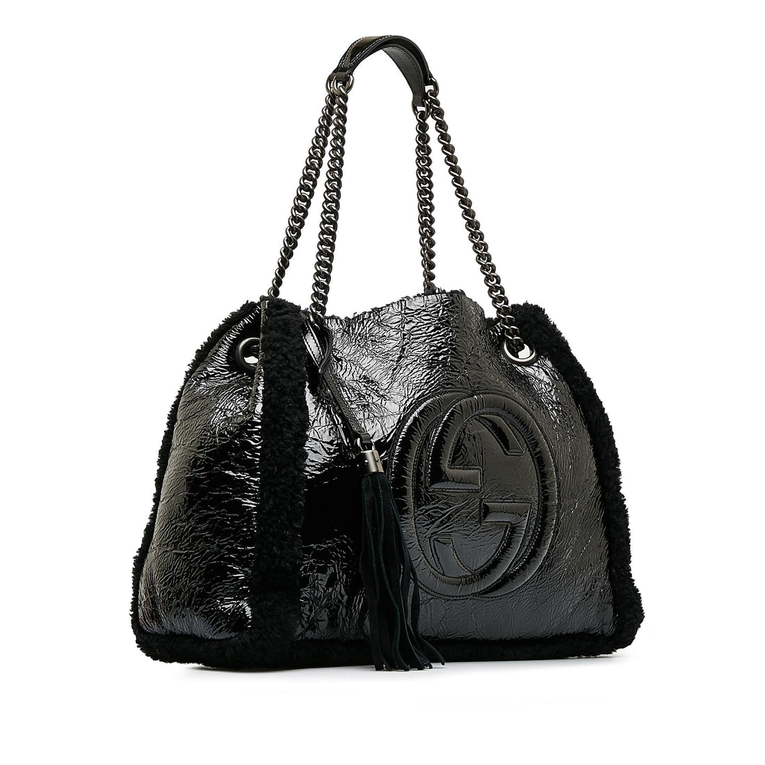 Gucci Medium Patent Shearling Soho Chain Tote (SHG-dATtOX)