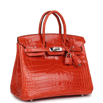 Hermes Birkin 25 Orange Poppy Shiny Niloticus Crocodile Palladium Hardware