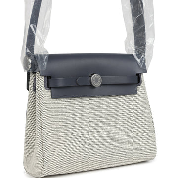 Hermes Herbag Zip 20 Mini Ecru and Ardoise Toile H Canvas and Ardoise Vache Hunter Palladium Hardware