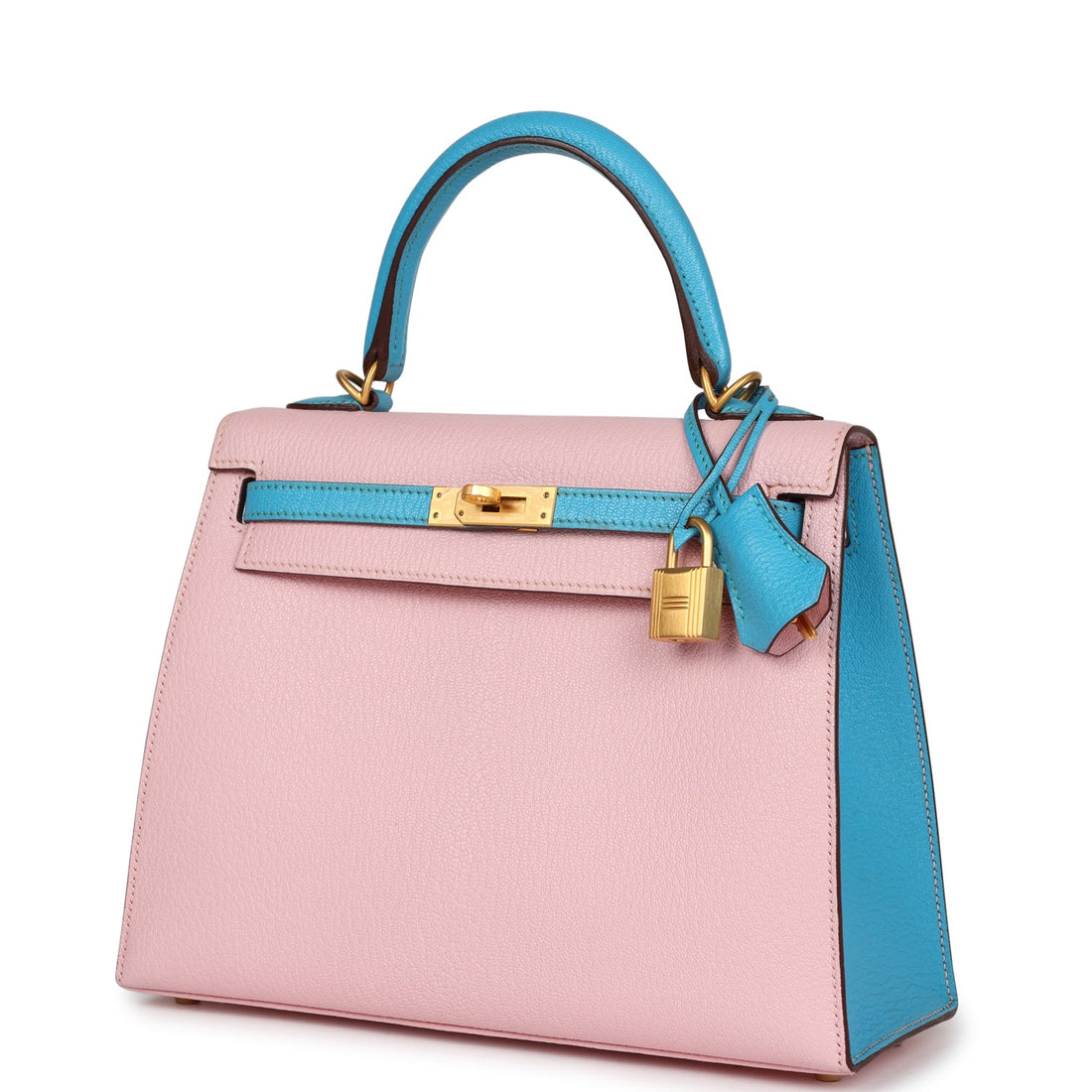 Hermes Special Order (HSS) Kelly Sellier 25 Rose Sakura and Bleu Aztec Chevre Brushed Gold Hardware