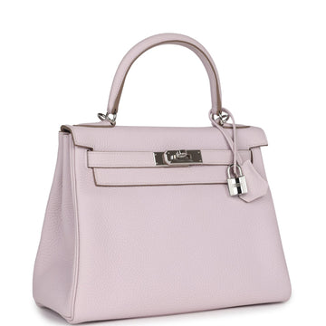 New Hermes Kelly Retourne 28 Mauve Pale Clemence Palladium Hardware