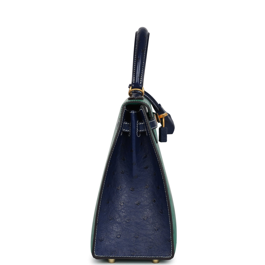 Hermes Special Order (HSS) Kelly Sellier 25 Vert Vertigo and Bleu Iris Ostrich Brushed Gold Hardware