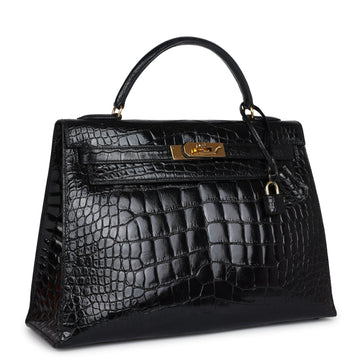 Vintage Hermes Kelly Sellier 32 Black Shiny Alligator Gold Hardware