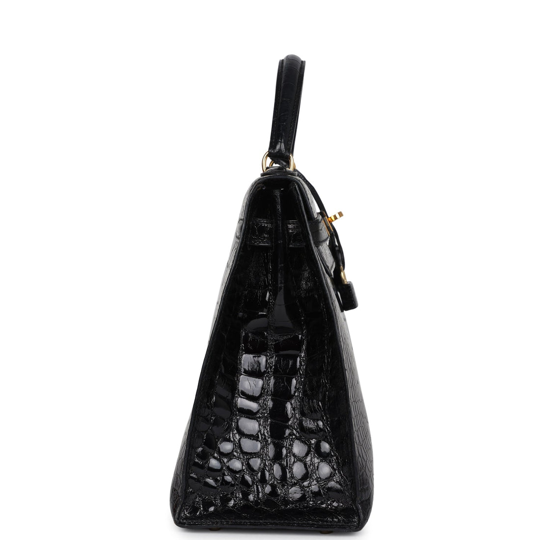 Vintage Hermes Kelly Sellier 32 Black Shiny Alligator Gold Hardware