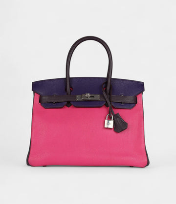 Hermès Birkin 30 Tri-Color Raisin, Ultraviolet and Rose Shocking Chevre Palladium Hardware