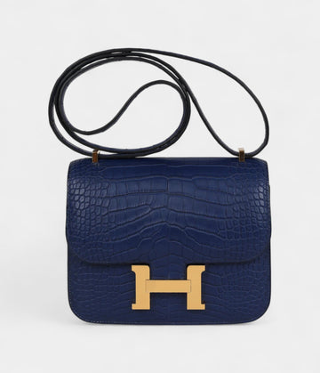 Hermès Constance 18 Bleu Saphir Matte Alligator Gold Hardware