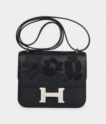 Hermès Constance 18 "Dancing Flowers" Black Embroidered Swift Palladium Hardware