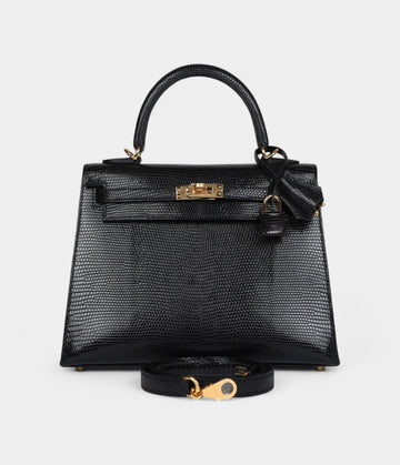 Hermes Kelly 25 Black Varanus Niloticus Lizard Gold Hardware