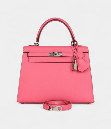 Hermes Kelly 25 Rose Azalee Epsom Palladium Hardware