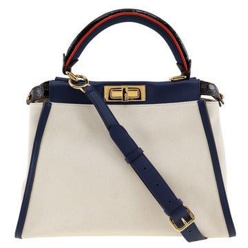 FENDI Handbag 8BN290 Canvas, Calfskin White / navy 2WAYShoulder Peekaboo Women Used