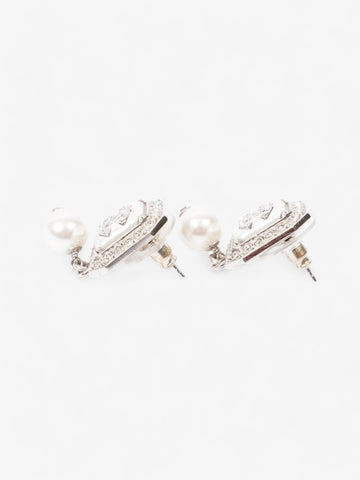 Chanel CC Square Pearl Drop Earrings Silver / White Base Metal