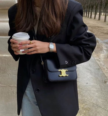 CELINE Black Shiny Calfskin Teen Triomphe Crossbody Bag