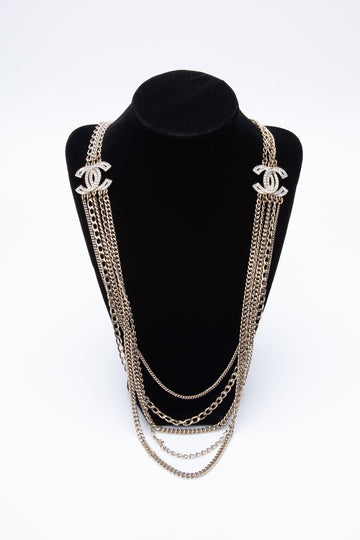 CHANEL Multi Strand Crystal Gold CC Logo Long Necklace