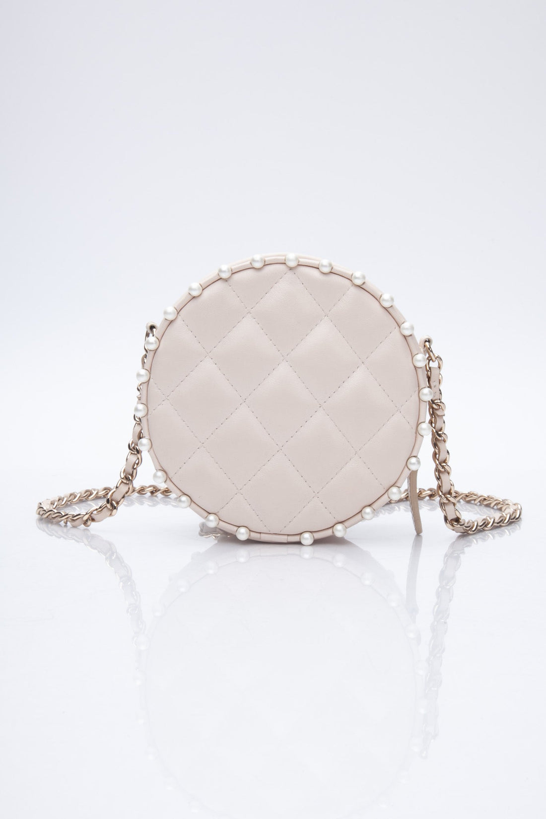 CHANEL Cream Calfskin Quilted Pearl Round Crossbody Bag