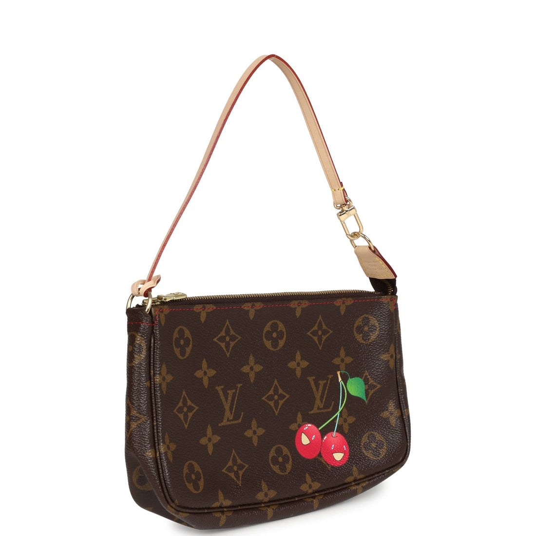 Louis Vuitton Vintage X Takashi Murakami Pochette Accessories Brown and Red Monogram Cerises Gold Hardware