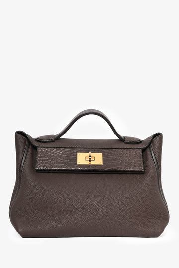 Hermès 2021 Brown 'Ebene' Togo Leather/Matte Alligator Touch 24/24 29 Top Handle GHW w/ Strap