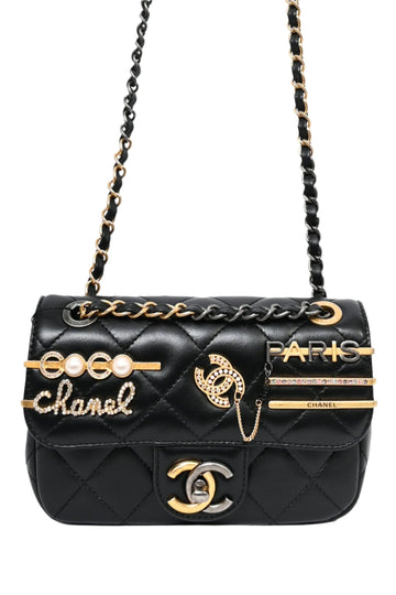Chanel™ 2022C Black Lambskin Coco Clip Charms Two-Tone CC Mini Flap Bag