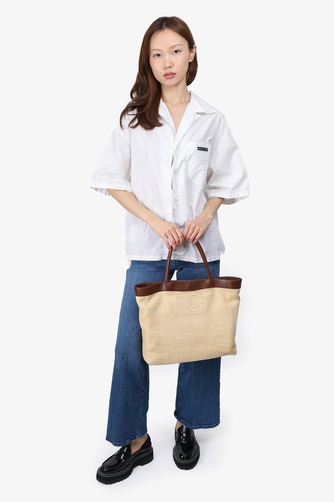 Chanel™ 2000-02 Yellow/Brown Raffia and Leather CC Tote